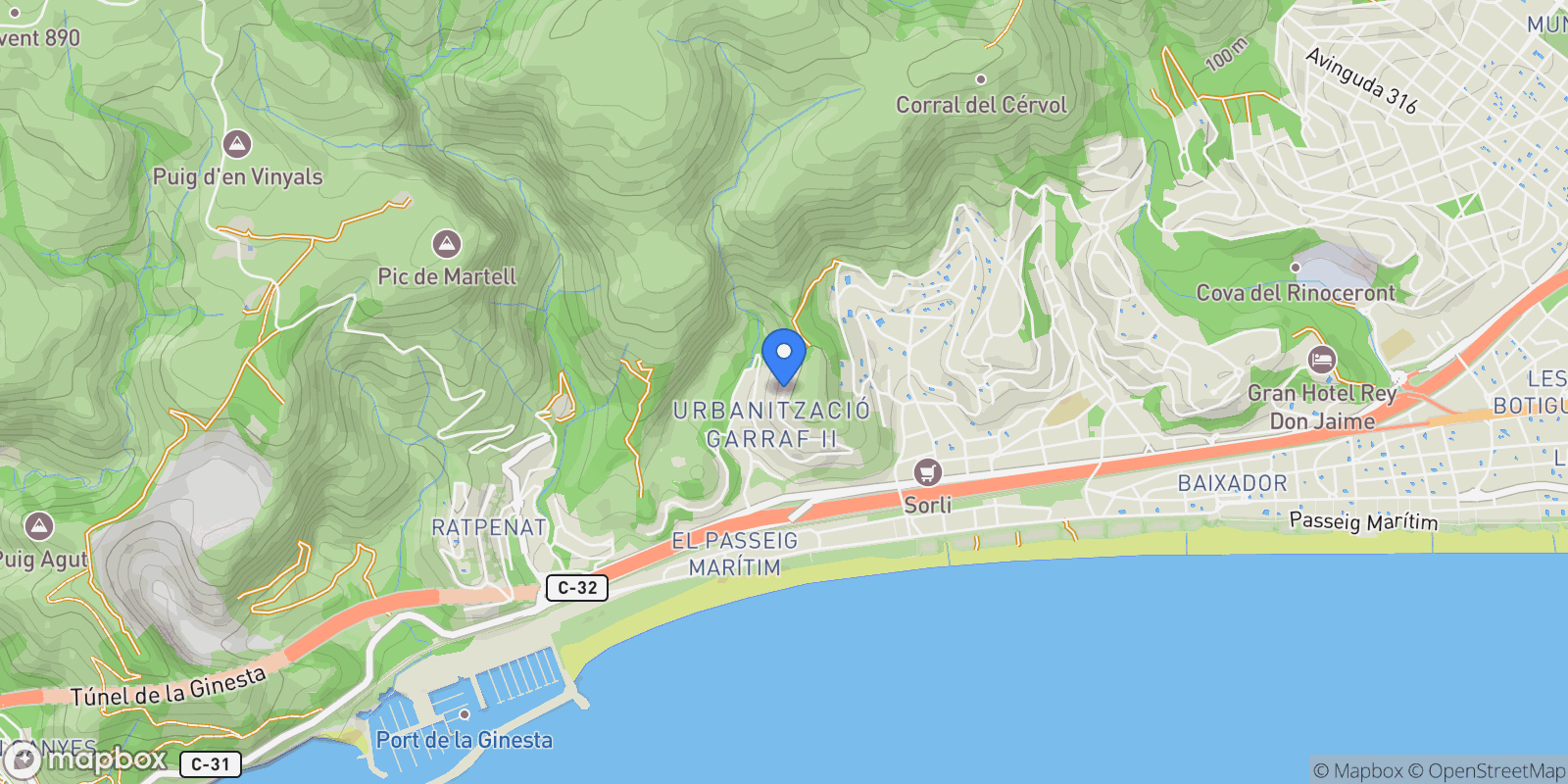 Map showing Calle Eramprunya, Botigues de Sitges, Barcelona, Botigues de Sitges, Sitges, Catalonia, Spain.