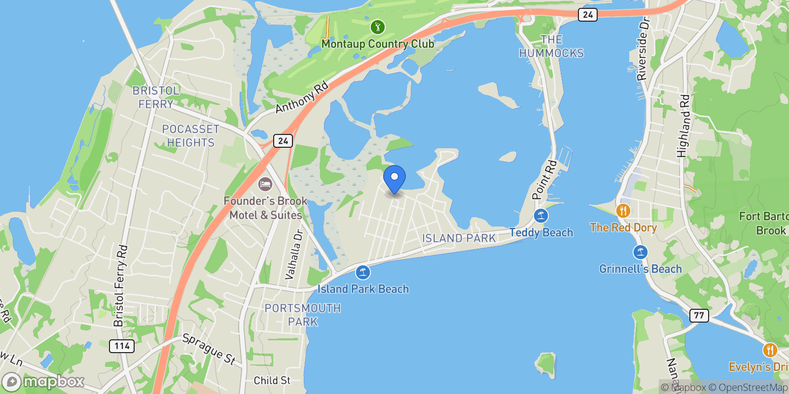 Map showing 13 Oak Street, Portsmouth, RI 02871, Portsmouth, Rhode Island, United States.