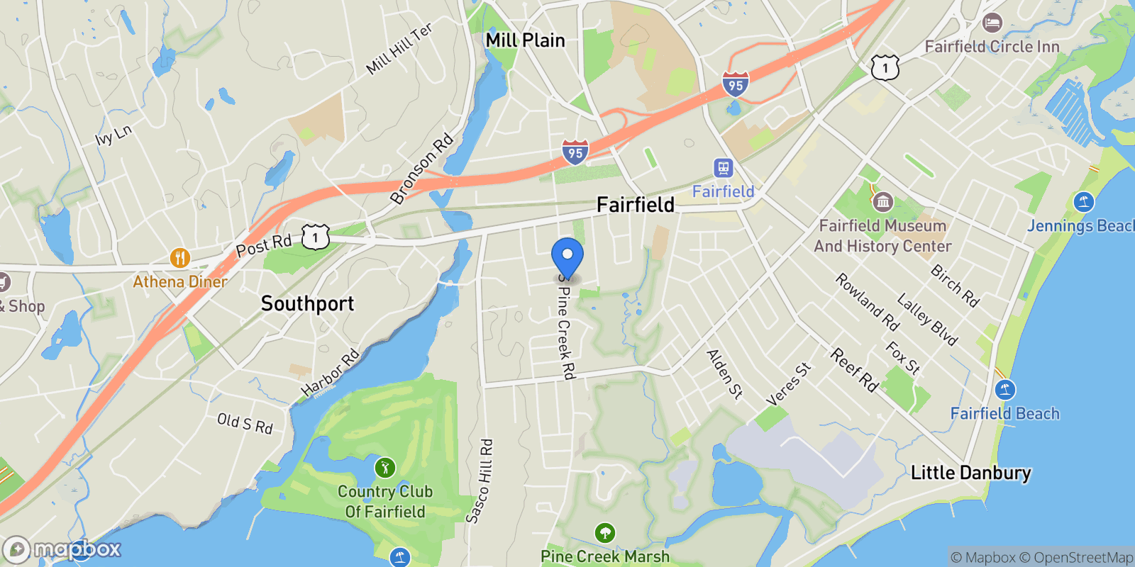 Map showing 209 South Pine Creek Road, Fairfield, Connecticut, United States.