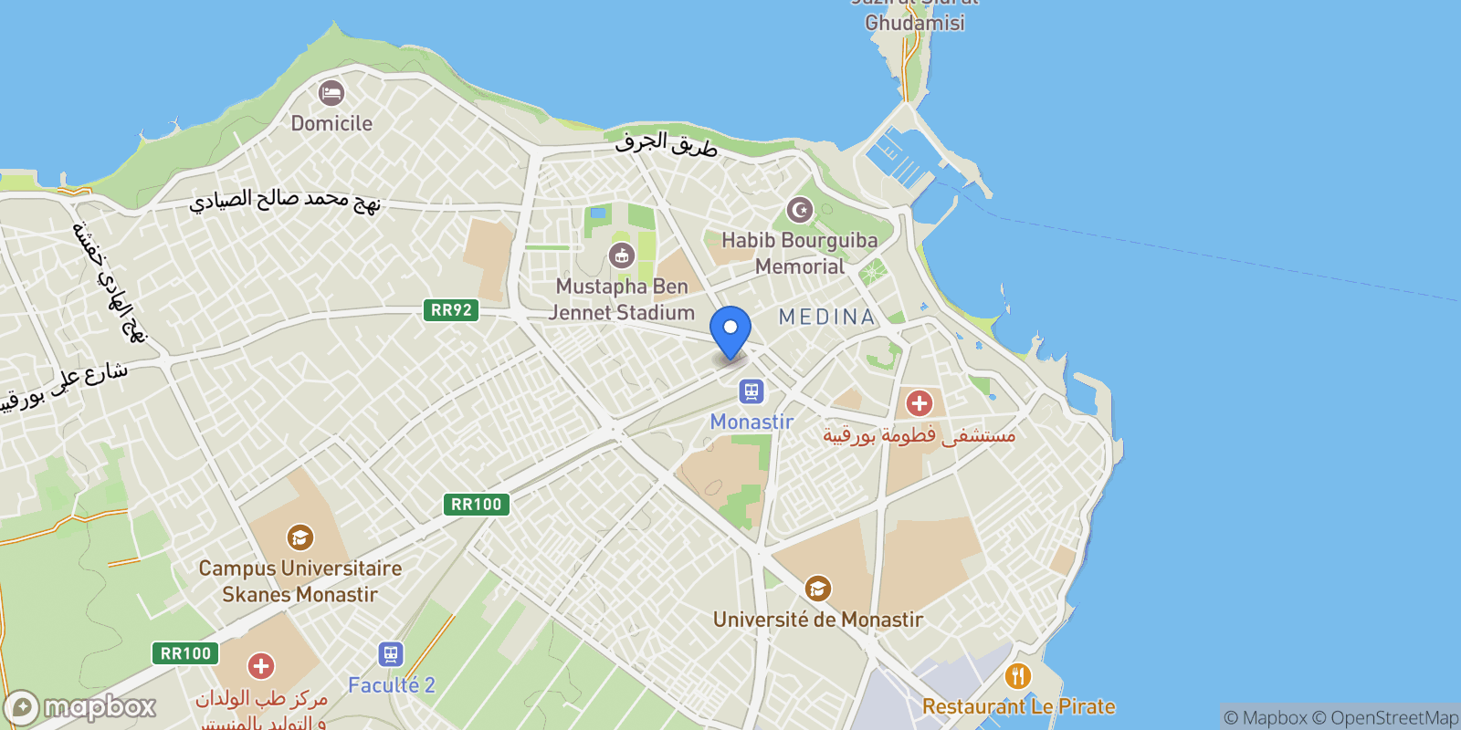 Map showing rue du combatant, Monastir, Monastir, Tunisia.