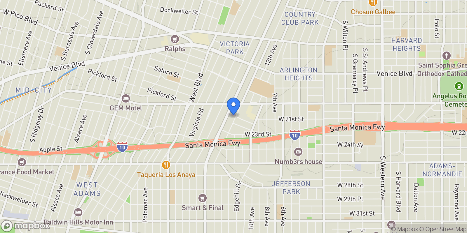 Map showing 2111 S Bronson Ave, Los Angeles, CA 90018, Los Angeles, California, United States.