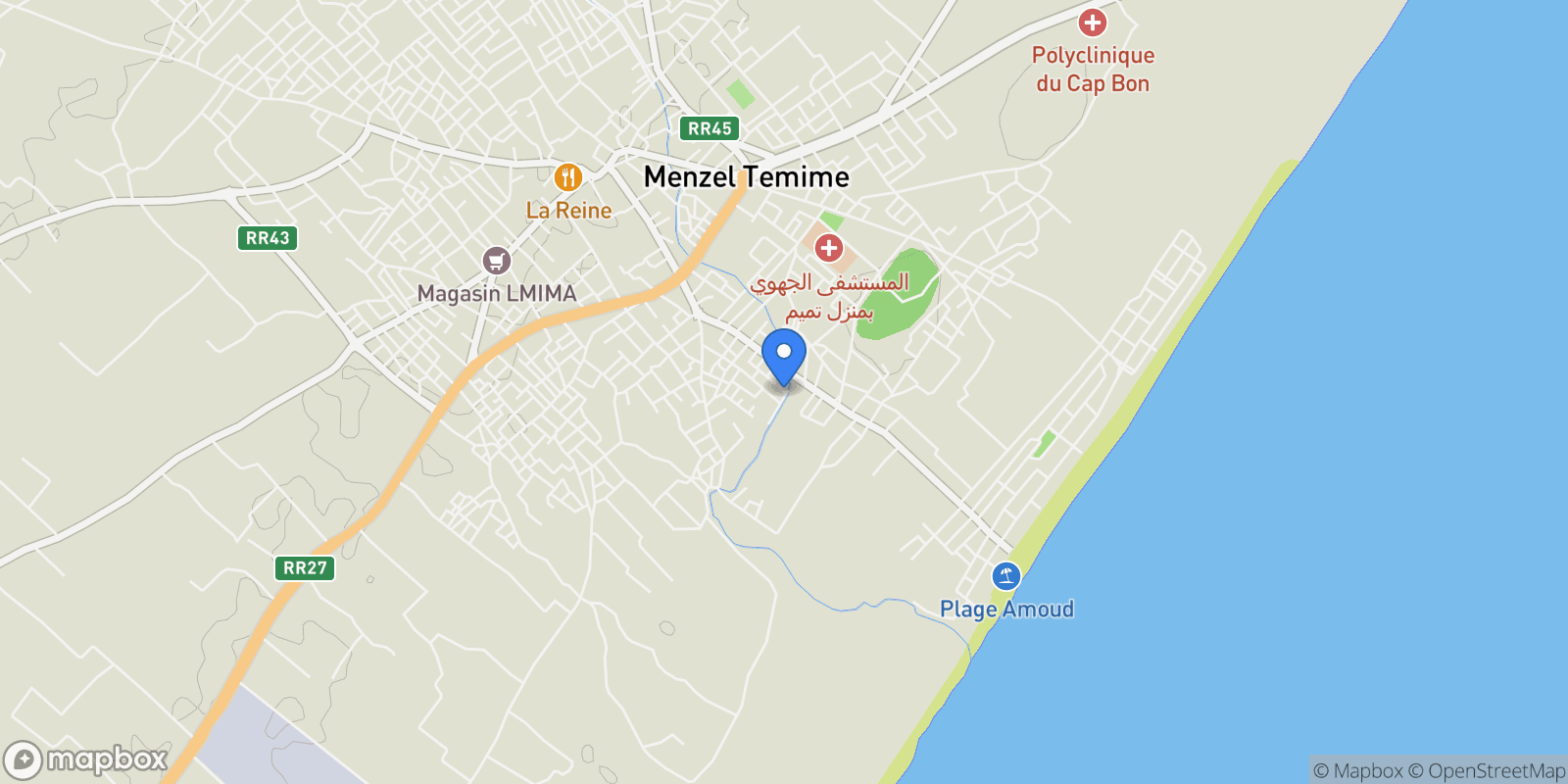 Map showing Manzil Tamim, Nabeul, Tunisia.