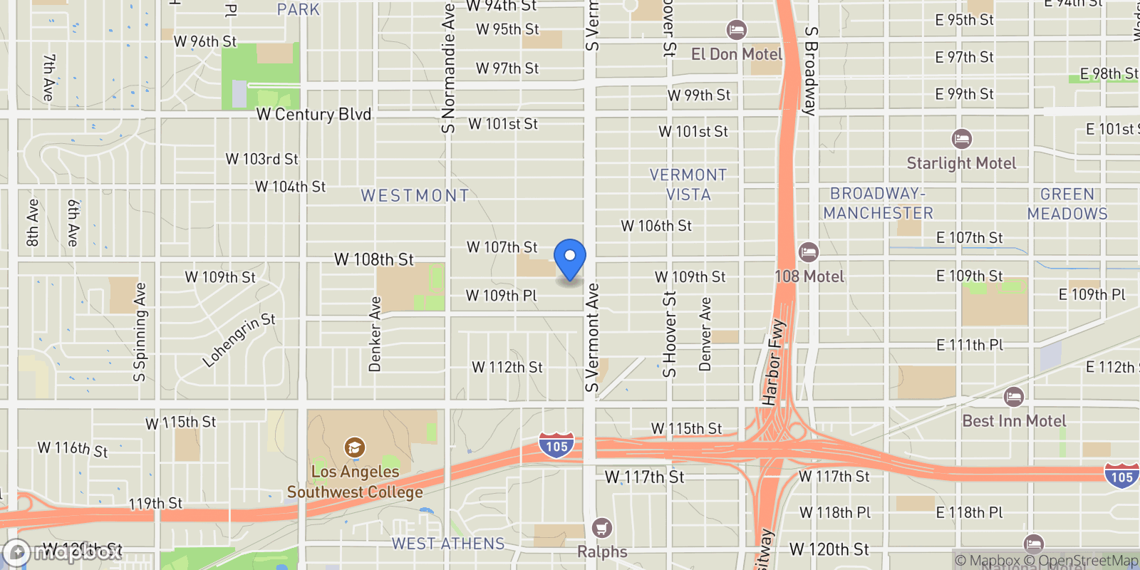 Map showing 1026 W 109th Street, Los Angeles, CA 90044, Los Angeles, California, United States.