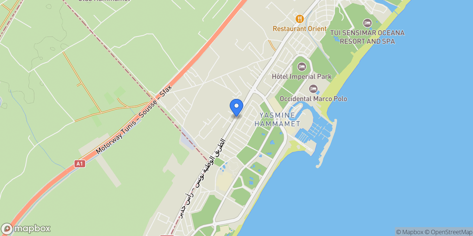 Map showing Yasmine Hammamet, Sousse, Tunisia.