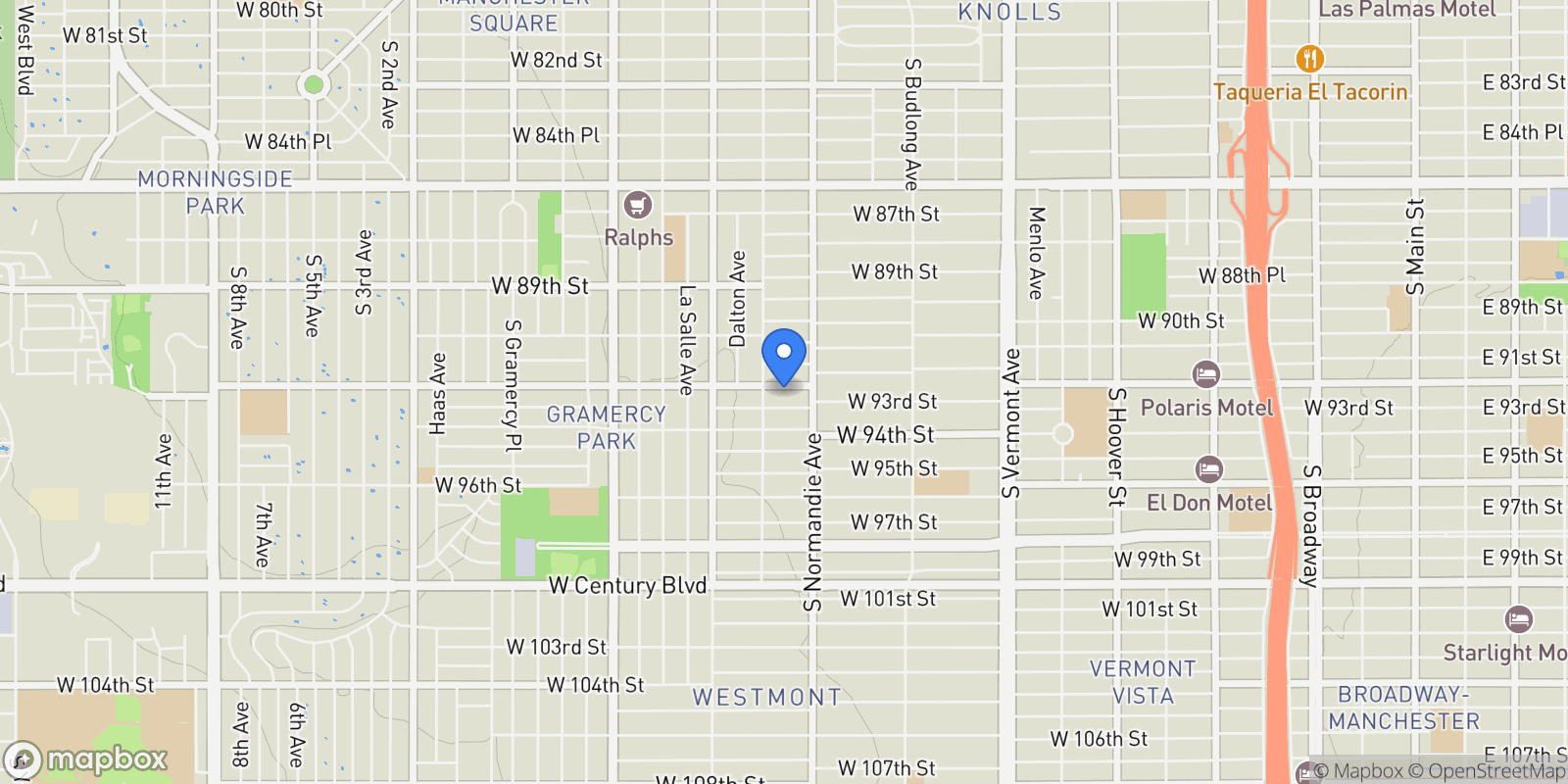 Map showing 1434 W 92nd St, Los Angeles, CA 90047, Los Angeles, California, United States.