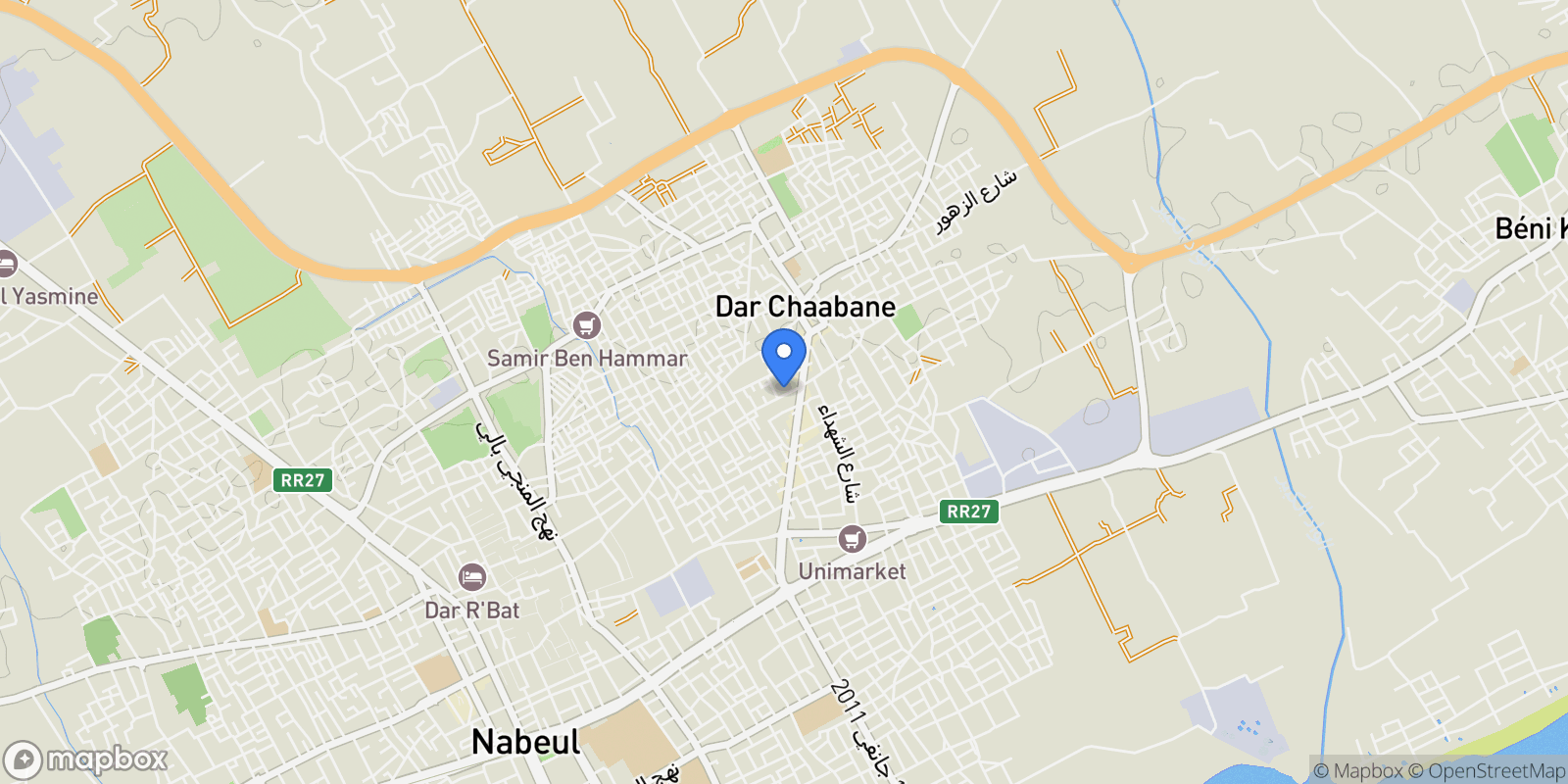 Map showing Dar Chaabane Al Fehri, Nabeul, Tunisia.