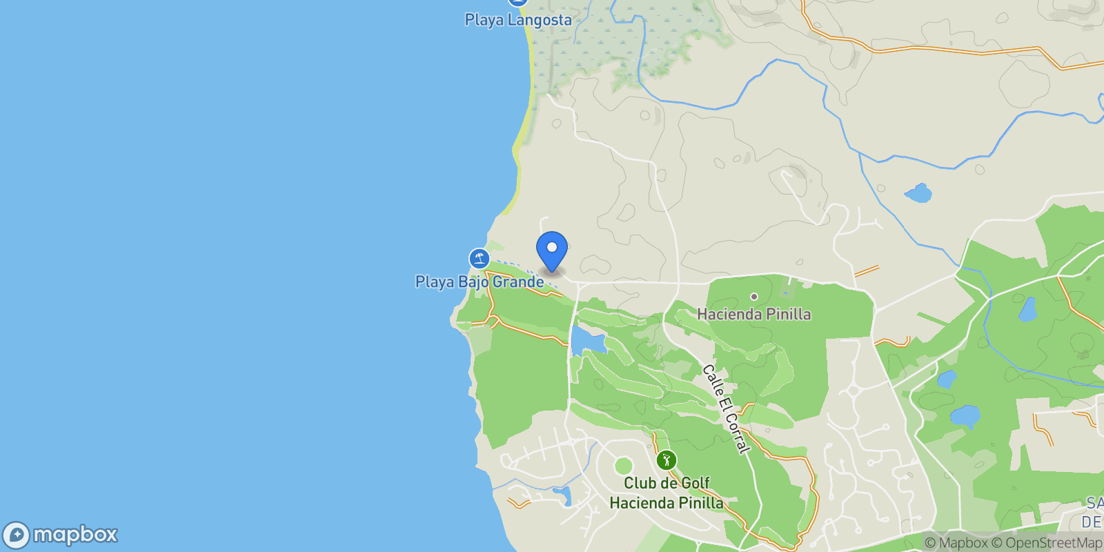 Map showing Avellanas, Costa Rica, Hacienda Pinilla, G, Playa Langosta, Guanacaste Province, Costa Rica.