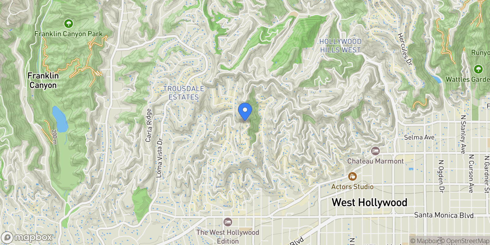 Map showing 1615 Blue Jay Way, Los Angeles, California, United States.