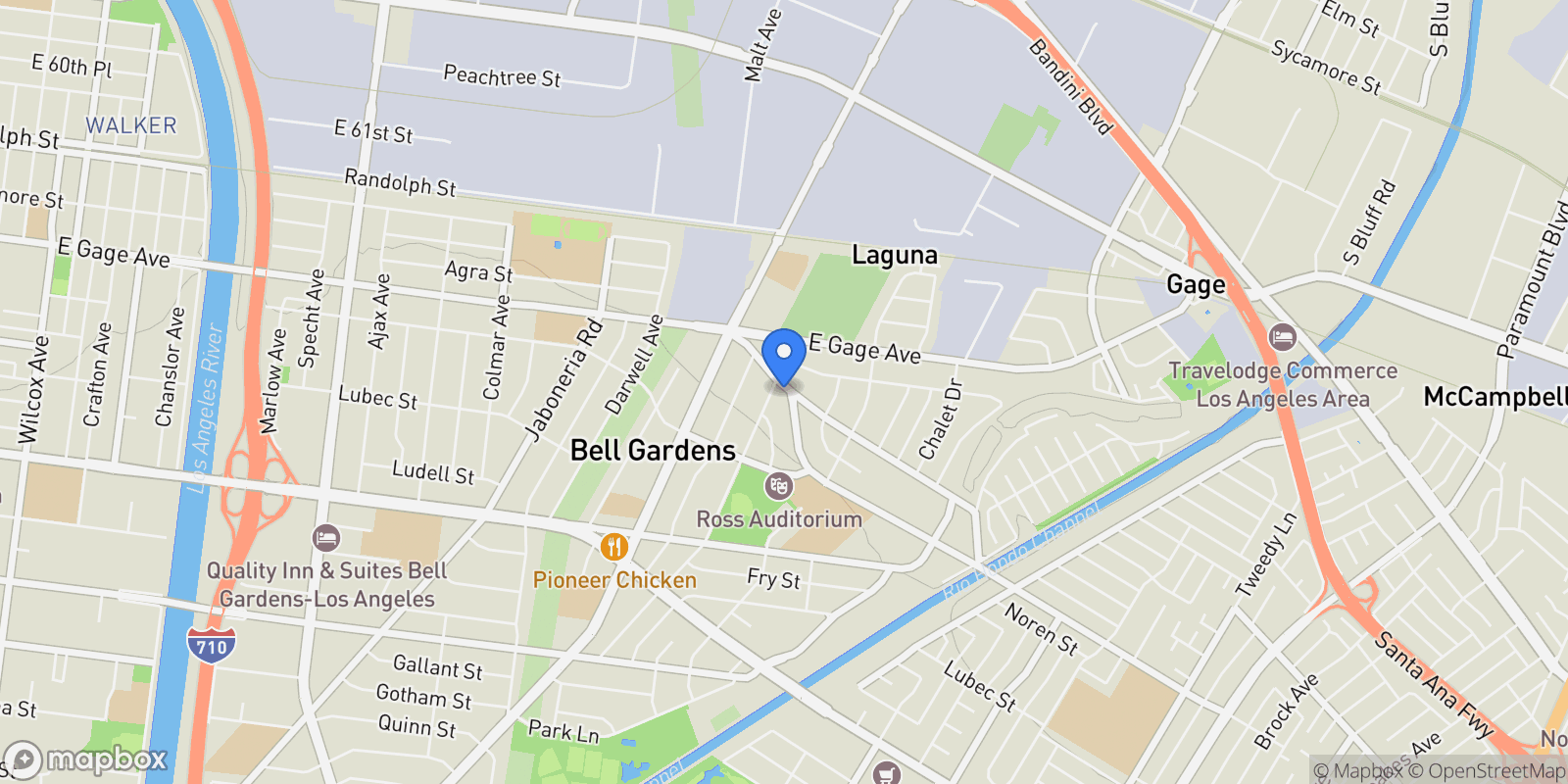 Map showing 6514 Foster Bridge Boulevard, Bell Gardens, CA 90201, Bell, California, United States.