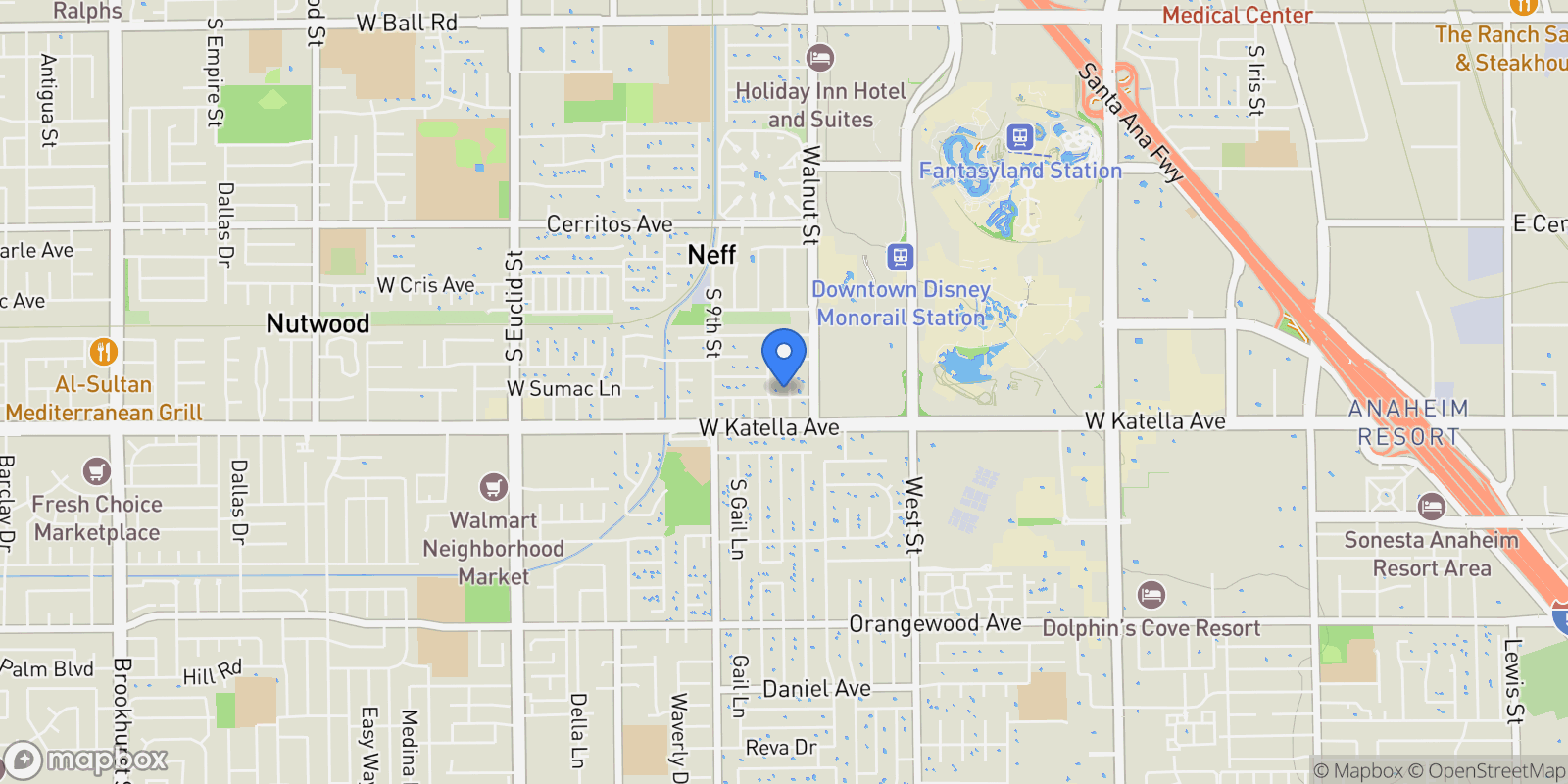 Map showing 1751 S Heather Lane, Anaheim, CA 92802, Orange, California, United States.