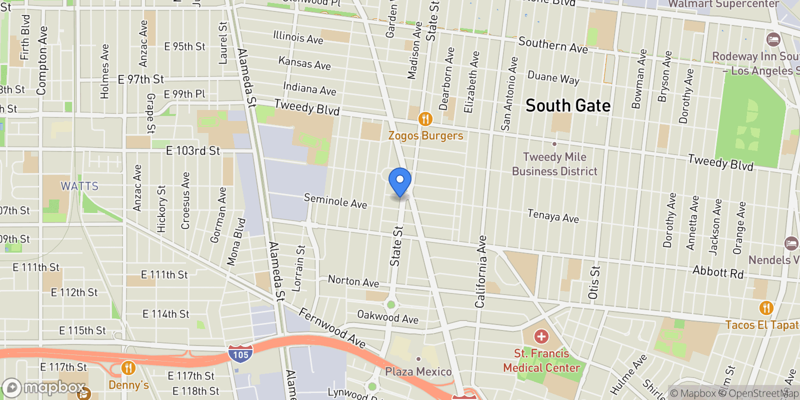 Map showing 10401 State, South Gate, CA 90280, South Gate, California, United States.