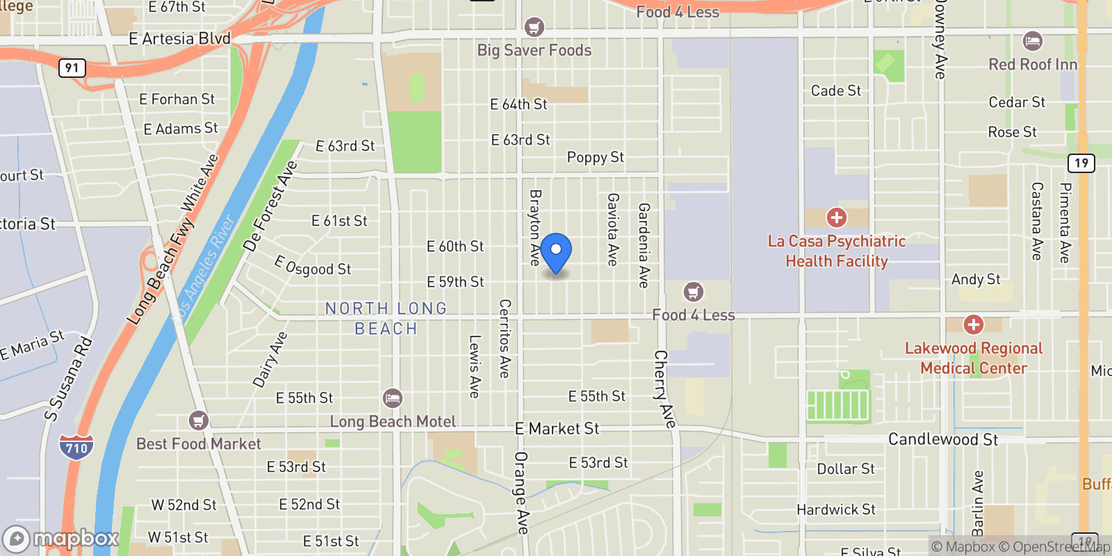 Map showing 1409 E 59th Street, Long Beach, CA 90805, Signal Hill, California, United States.