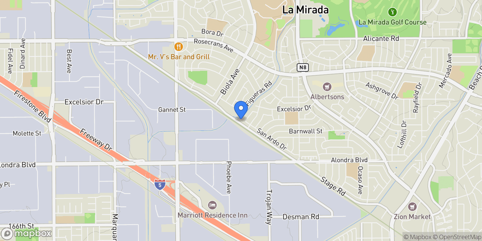 Map showing 14629 Stage Rd, La Mirada, CA 90638, La Mirada, California, United States.