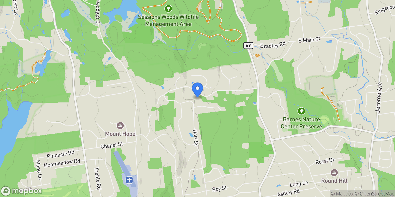 Map showing 68 Hart Street, Burlington, Connecticut, United States.