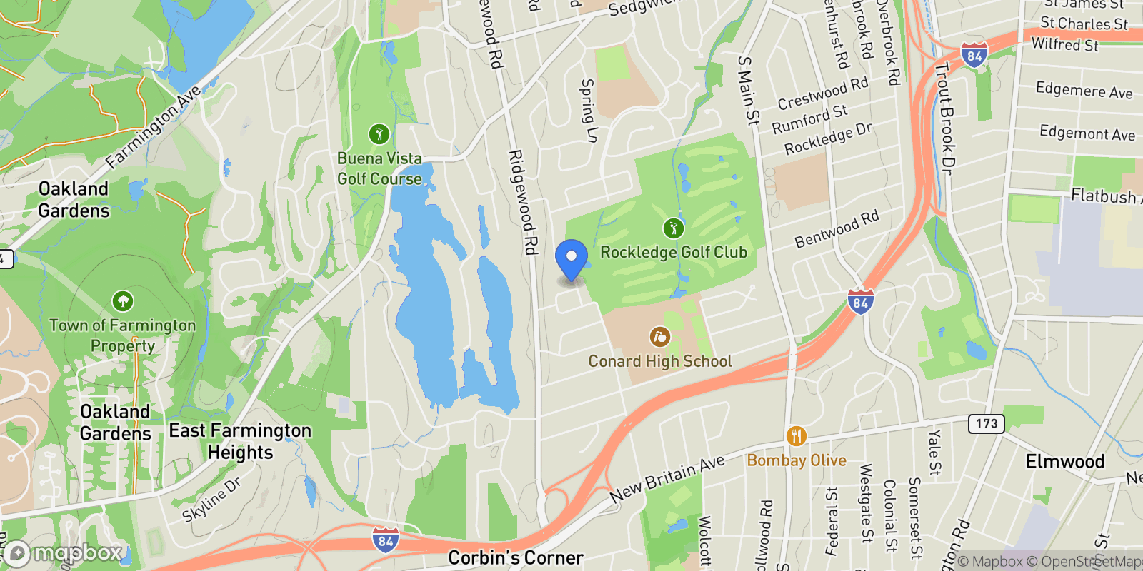 Map showing 34 Sandhurst Drive, West Hartford, Connecticut, United States.