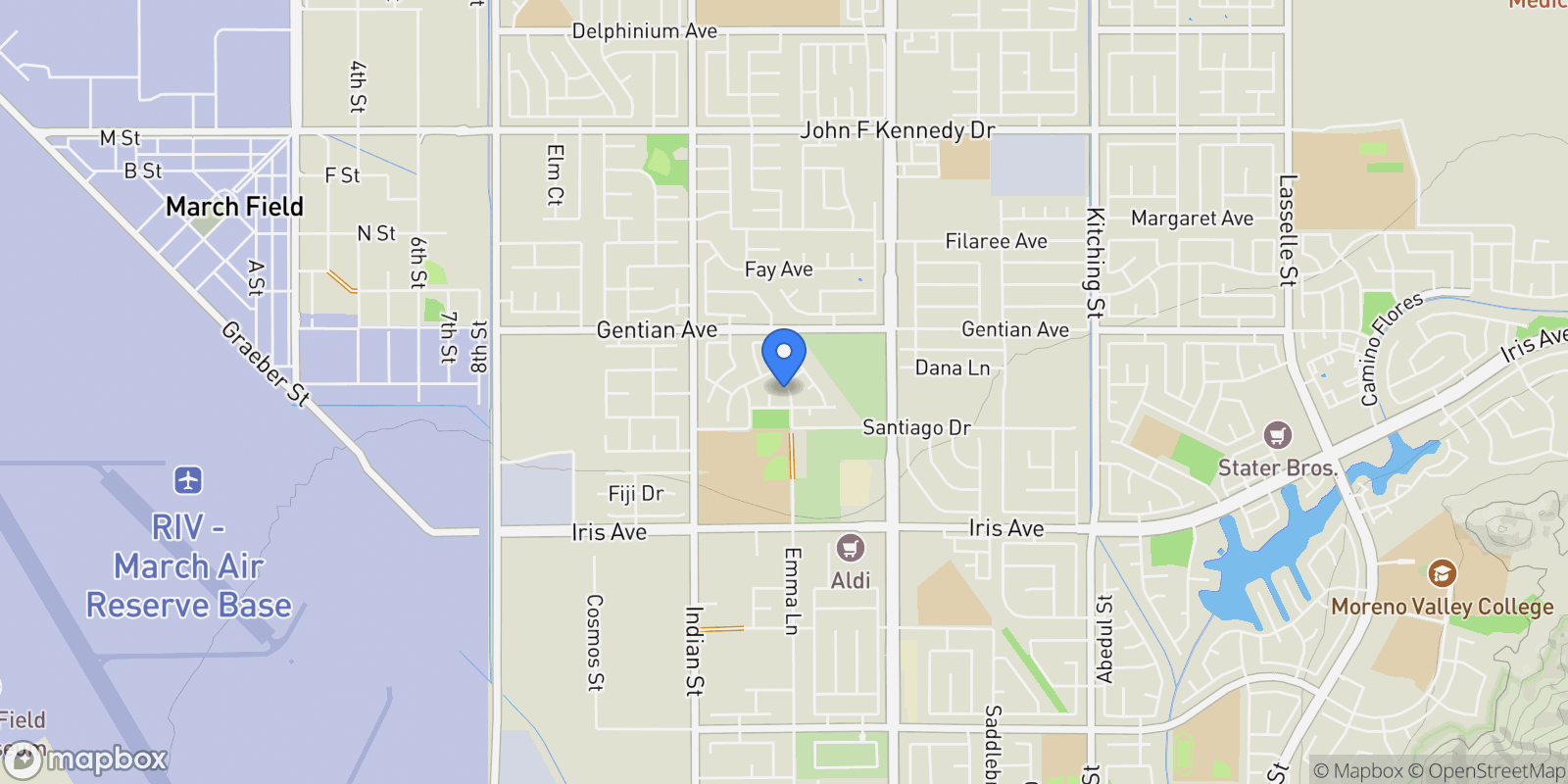 Map showing 15661 Avenger Drive, Moreno Valley, CA 92551, Moreno Valley, California, United States.