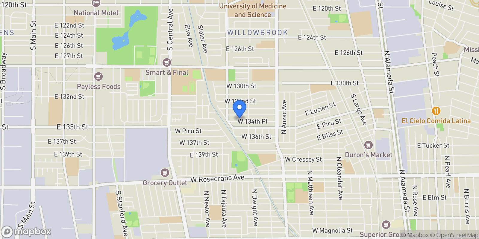 Map showing 1203 W 134th Place, Compton, CA 90222, Compton, California, United States.