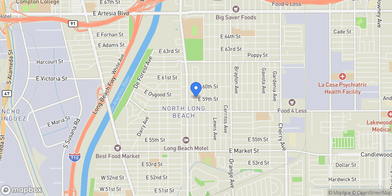 Map showing 721 E 59th, Long Beach, CA 90805, Signal Hill, California, United States.