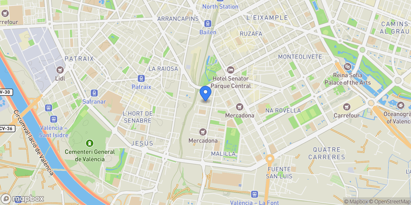 Map showing Malilla, Valencia, VALENCIA, Valencia, Quatre Carreres, Valencia, Spain.