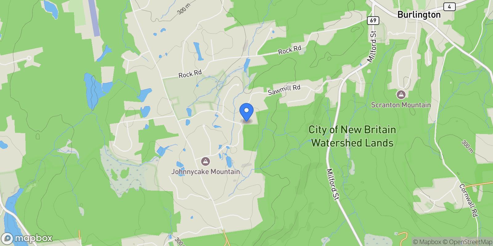 Map showing 75 Saw Mill Road, Burlington, Connecticut, United States.