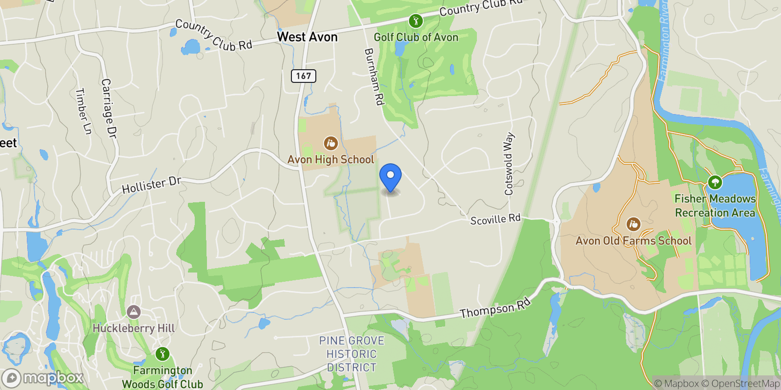 Map showing 24 Saw Mill Lane, Avon, Connecticut, United States.
