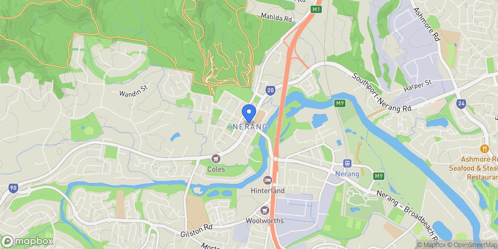 Map showing Gold Coast, Nerang, Queensland, Australia.