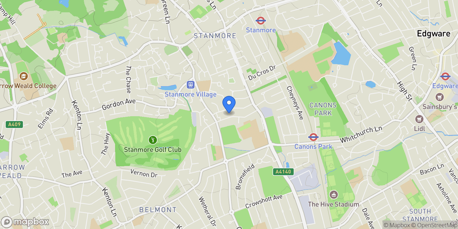 Map showing Wood Lane, Stanmore, Stanmore, England, United Kingdom.