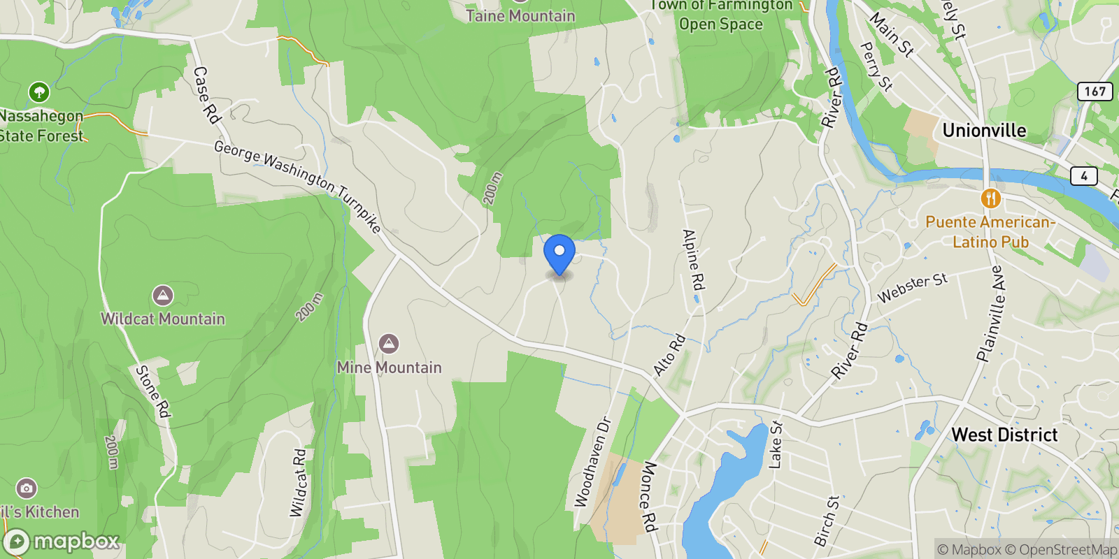 Map showing 52 Wood Creek Road, Burlington, Connecticut, United States.