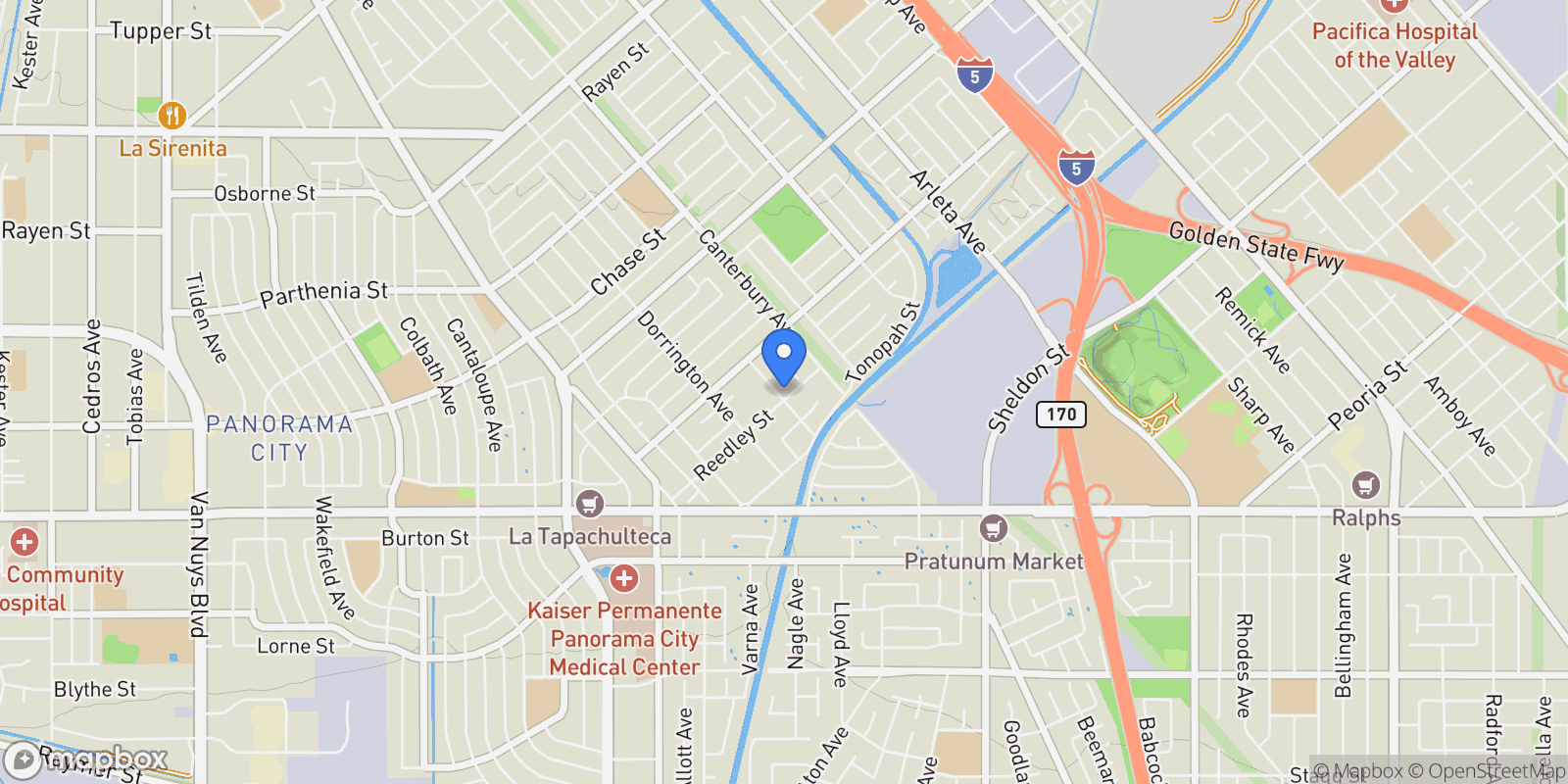 Map showing 13321 Reedley Street, Panorama City, CA 91402, Los Angeles, California, United States.