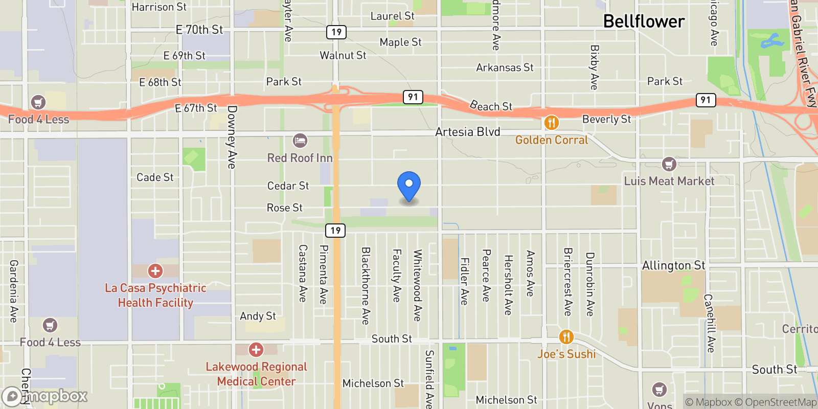 Map showing 9253 Rose Street, Bellflower, CA 90706, Bellflower, California, United States.