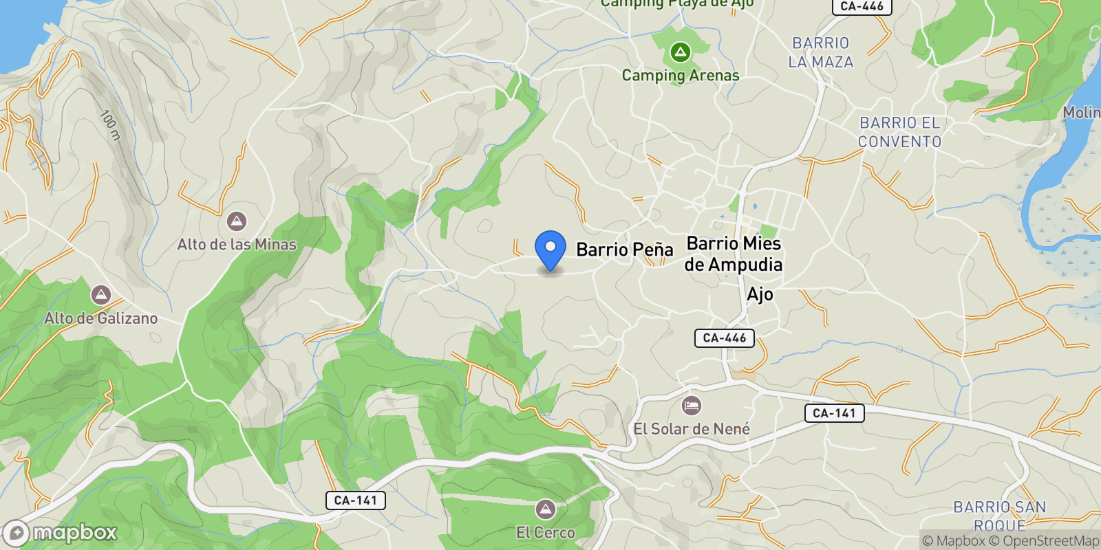 Map showing Barrio La Peña, 242,  Bareyo,  Ajo,  Bajo, Bareyo, Cantabria, Spain.