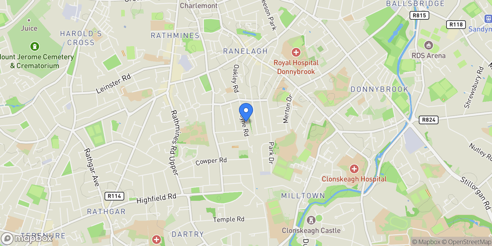Map showing 57 Moyne Road, Ranelagh, Dublin 6, L D06 A4Y7, Dublin 6, County Dublin, Ireland.