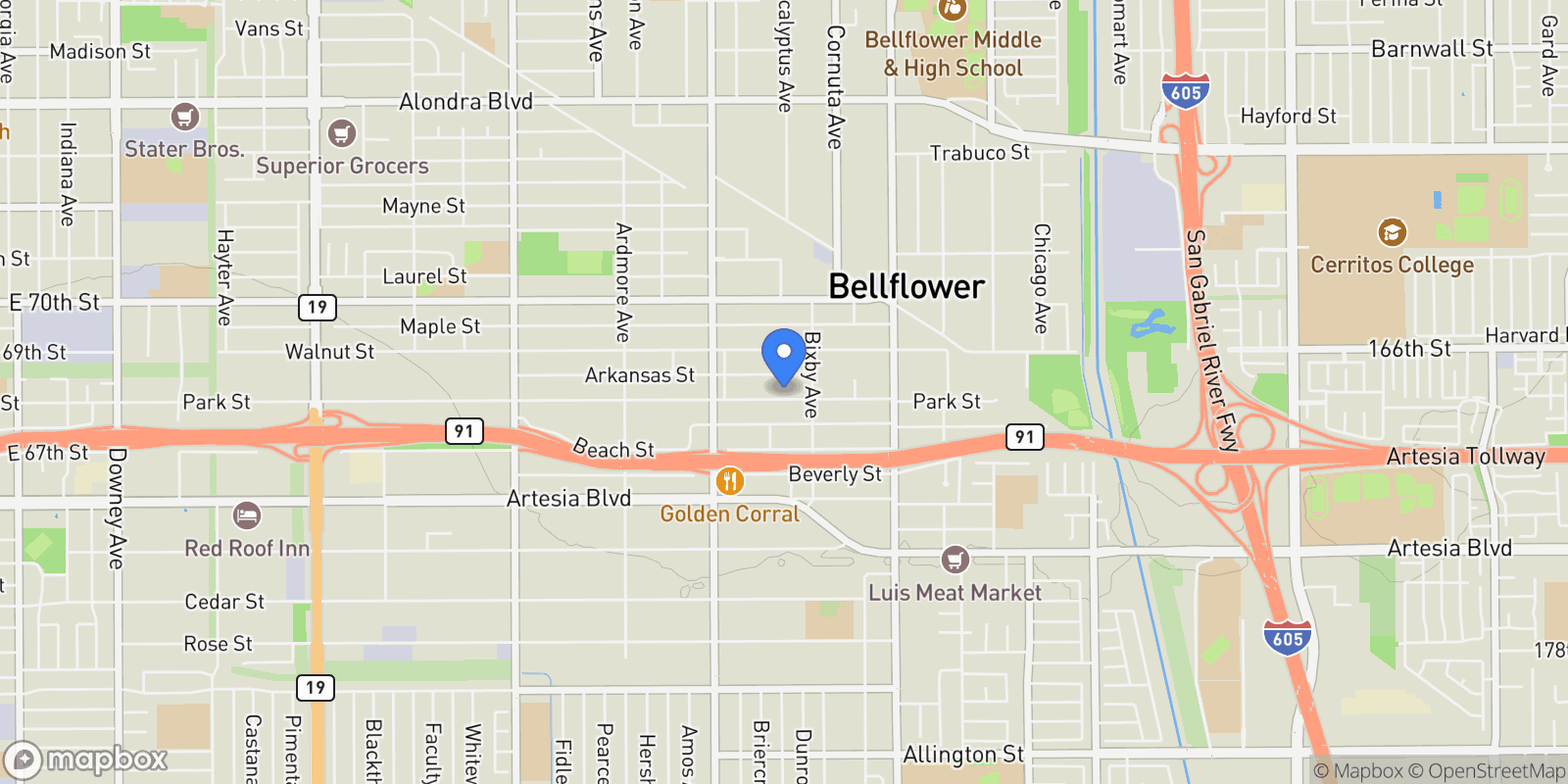 Map showing 9929 Park St, Bellflower, CA 90706, Bellflower, California, United States.