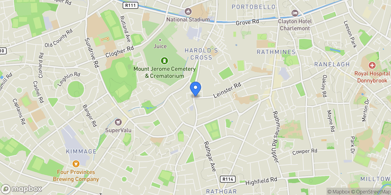 Map showing 95 Leinster Road, Rathmines, D D06 F4A9, Dublin, County Dublin, Ireland.