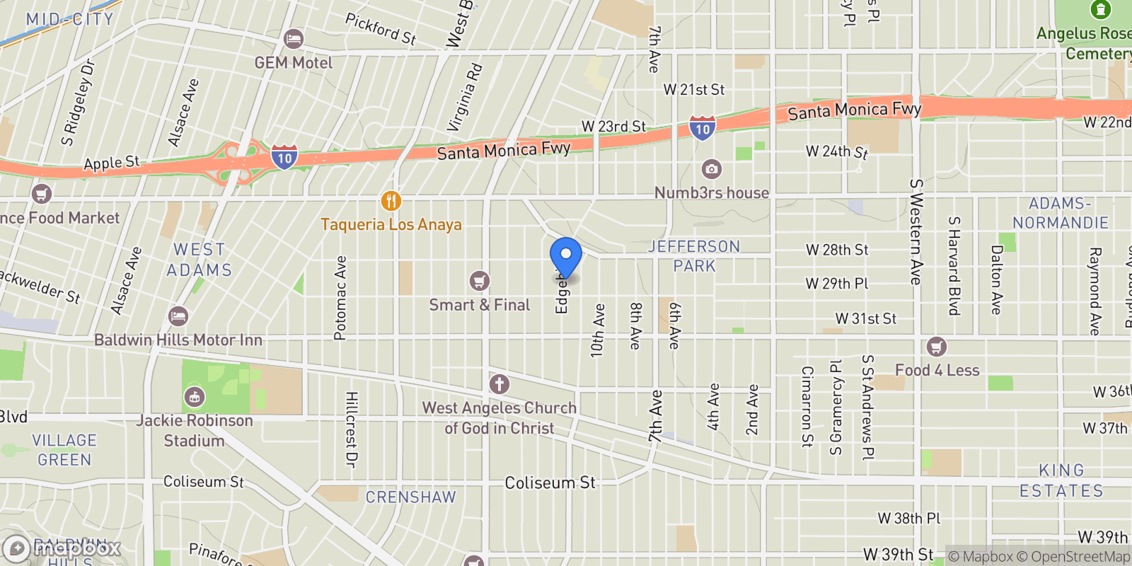 Map showing 2936 Edgehill Drive, Los Angeles, CA 90018, Los Angeles, California, United States.