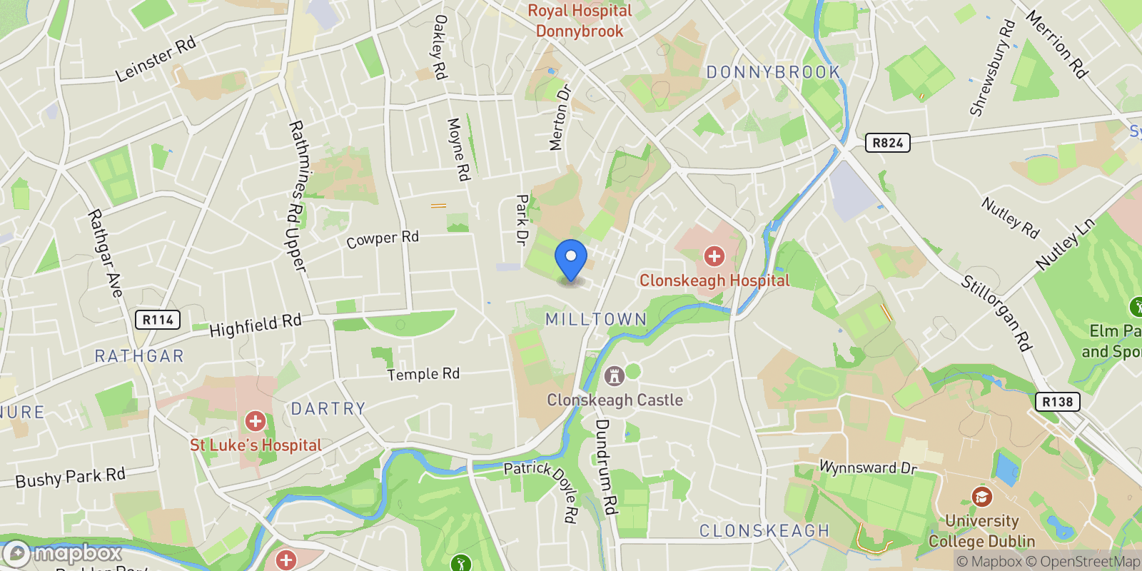 Map showing 36 Glenmalure Square, Milltown, Dublin 6, D D06 TD66, Dublin 6, County Dublin, Ireland.