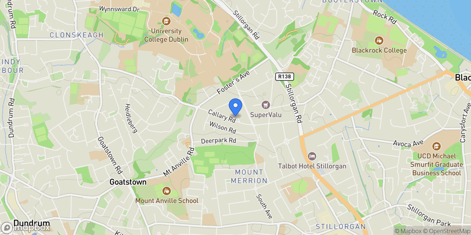 Map showing 19 Cypress Road, Mount Merrion, Dublin, L A94 N8H2, Dublin, County Dublin, Ireland.