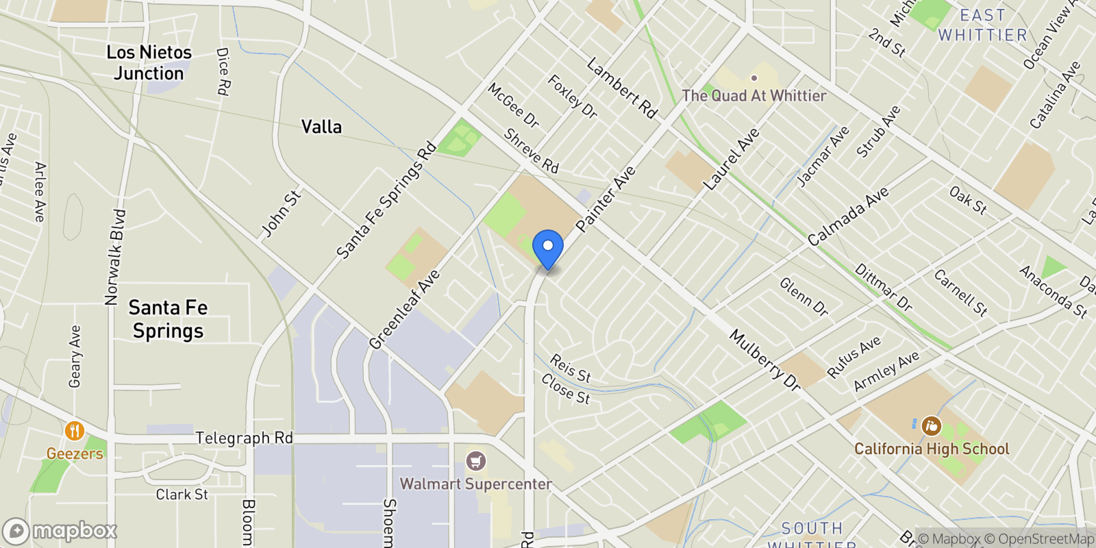 Map showing 9534 Painter Ave, Whittier, CA 90605, Whittier, California, United States.