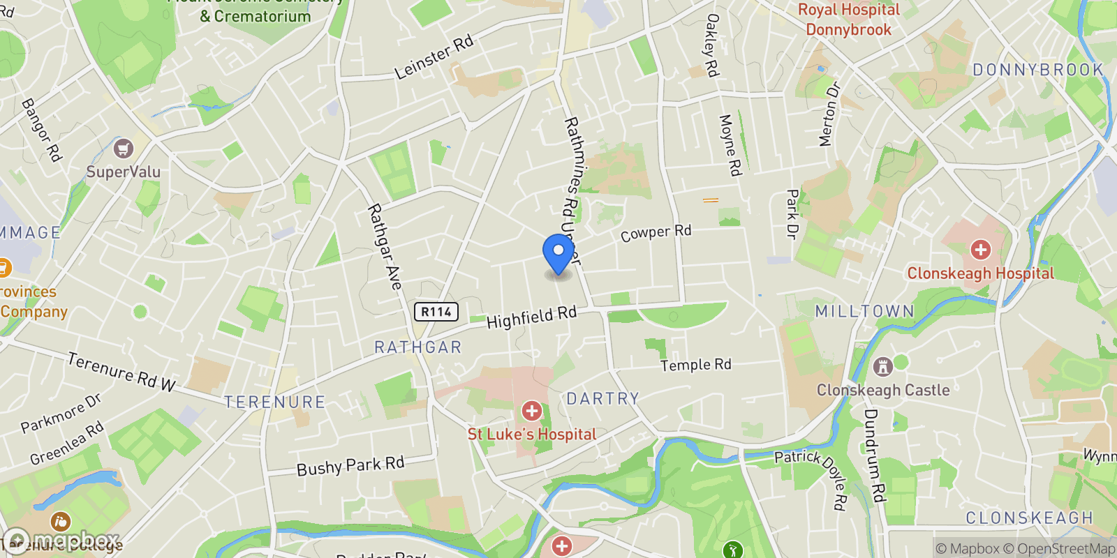 Map showing 33 Villiers Road, Rathgar, D D06 F585, Dublin, County Dublin, Ireland.