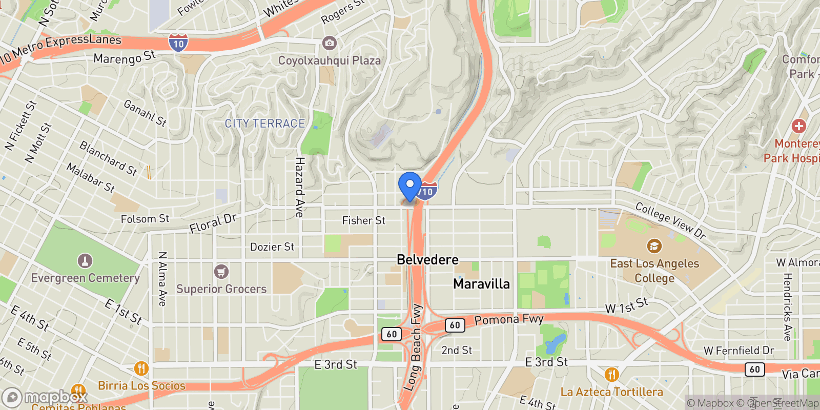 Map showing 4421 Floral Drive, Los Angeles, CA 90022, East Los Angeles, California, United States.