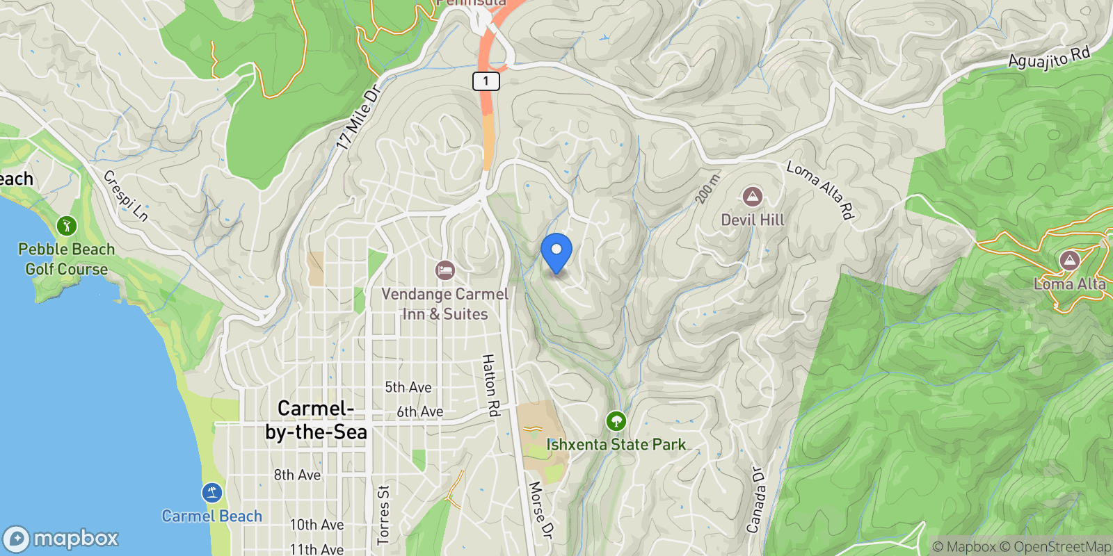 Map showing 3475 Edgefield Place, Carmel-by-the-Sea, California, United States.