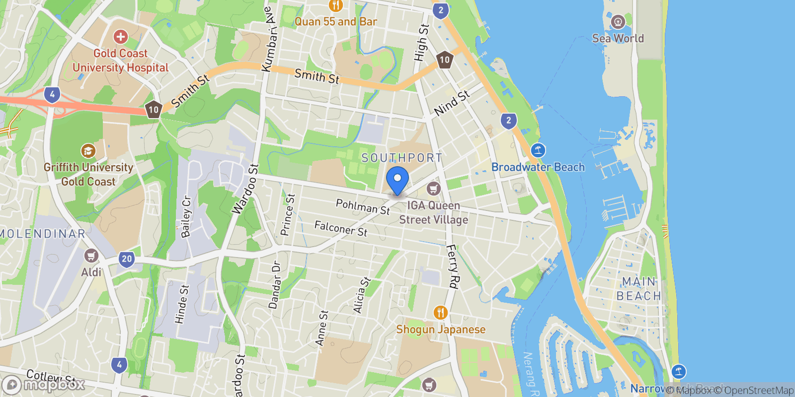 Map showing Gold Coast, Southport, Queensland, Australia.