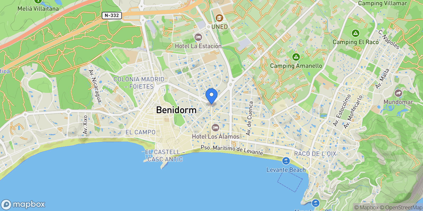 Map showing Benidorm, Benidorm, ALICANTE, Benidorm, Benidorm, Valencian Community, Spain.