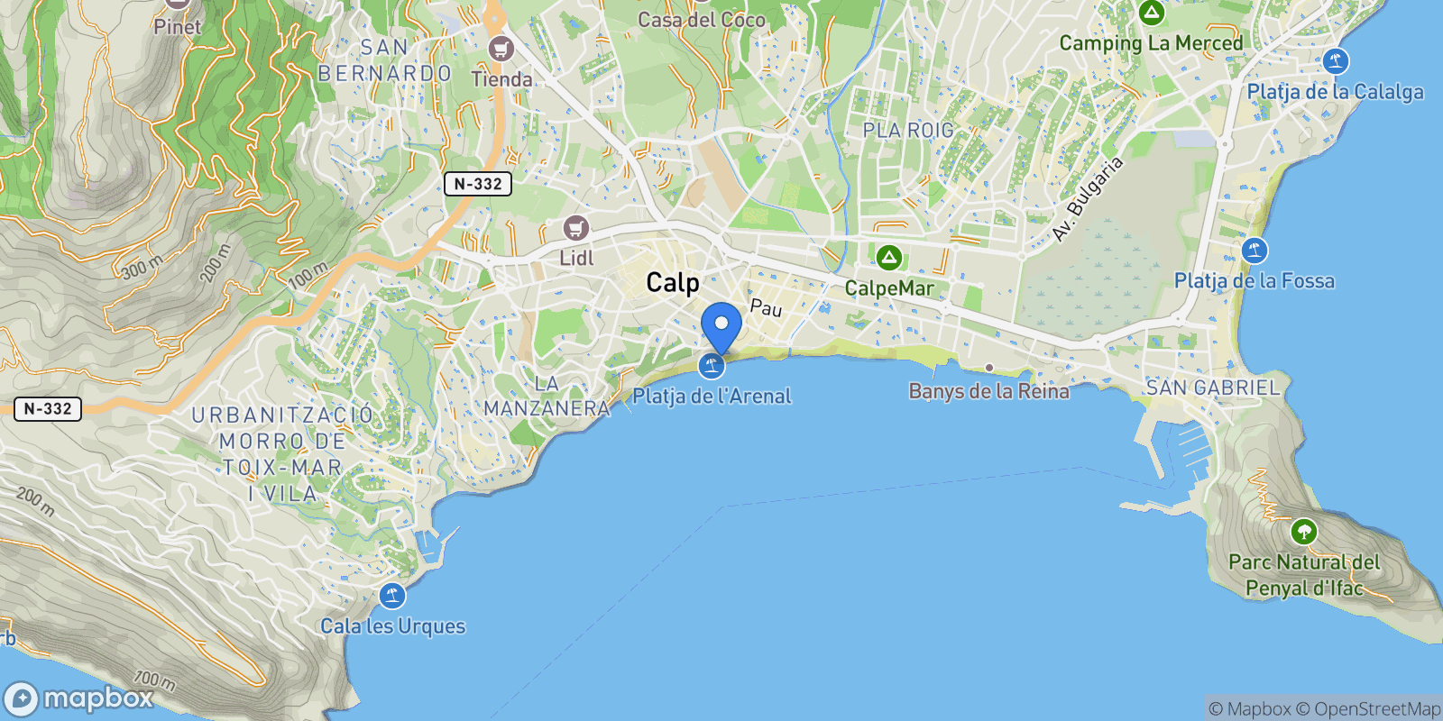 Map showing Playa arenal-bol, Calpe, ALICANTE, Calpe, Calp, Valencian Community, Spain.