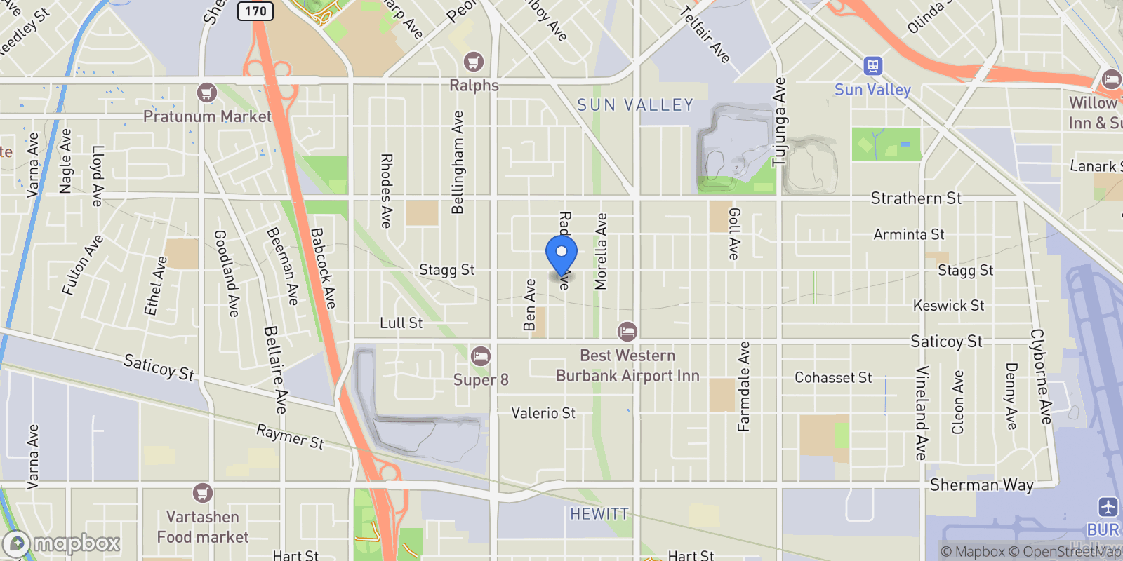 Map showing 7745 Radford Ave, Los Angeles, CA 91605, Los Angeles, California, United States.