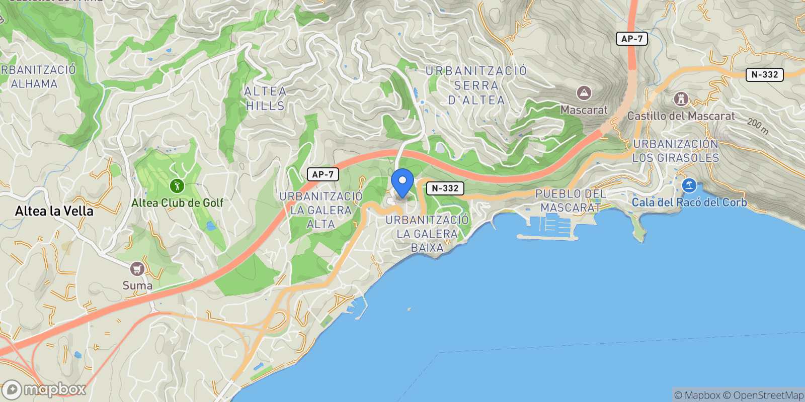 Map showing Altea Hills, Altea, ALICANTE, Altea, Zona de Mascarat, Valencian Community, Spain.