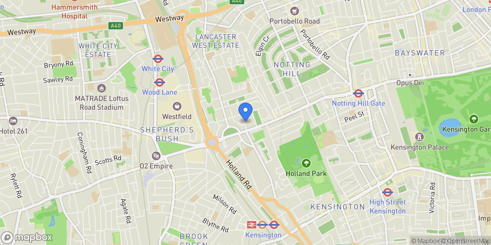 Map showing Addison Avenue, London, London, England, United Kingdom.