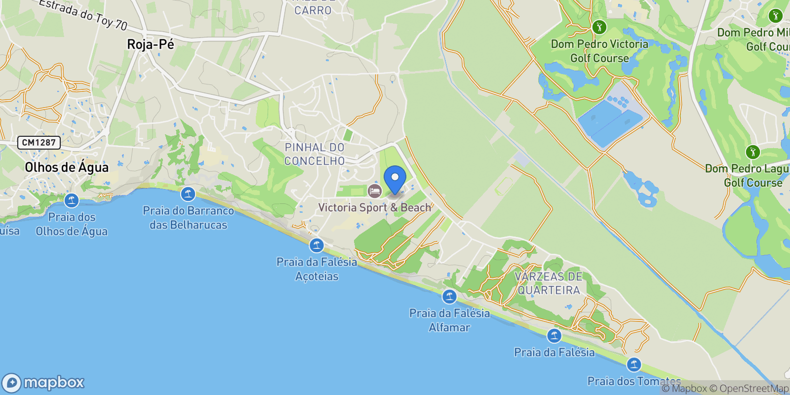 Map showing Olhos de Agua, Algarve, Portugal.