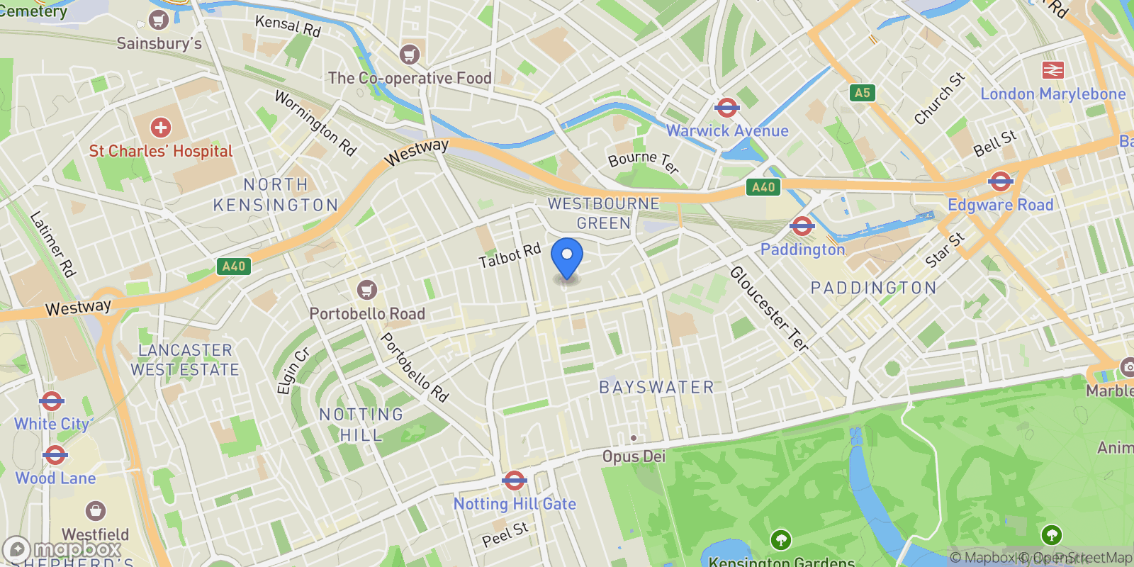 Map showing Kildare Gardens, London, London, England, United Kingdom.