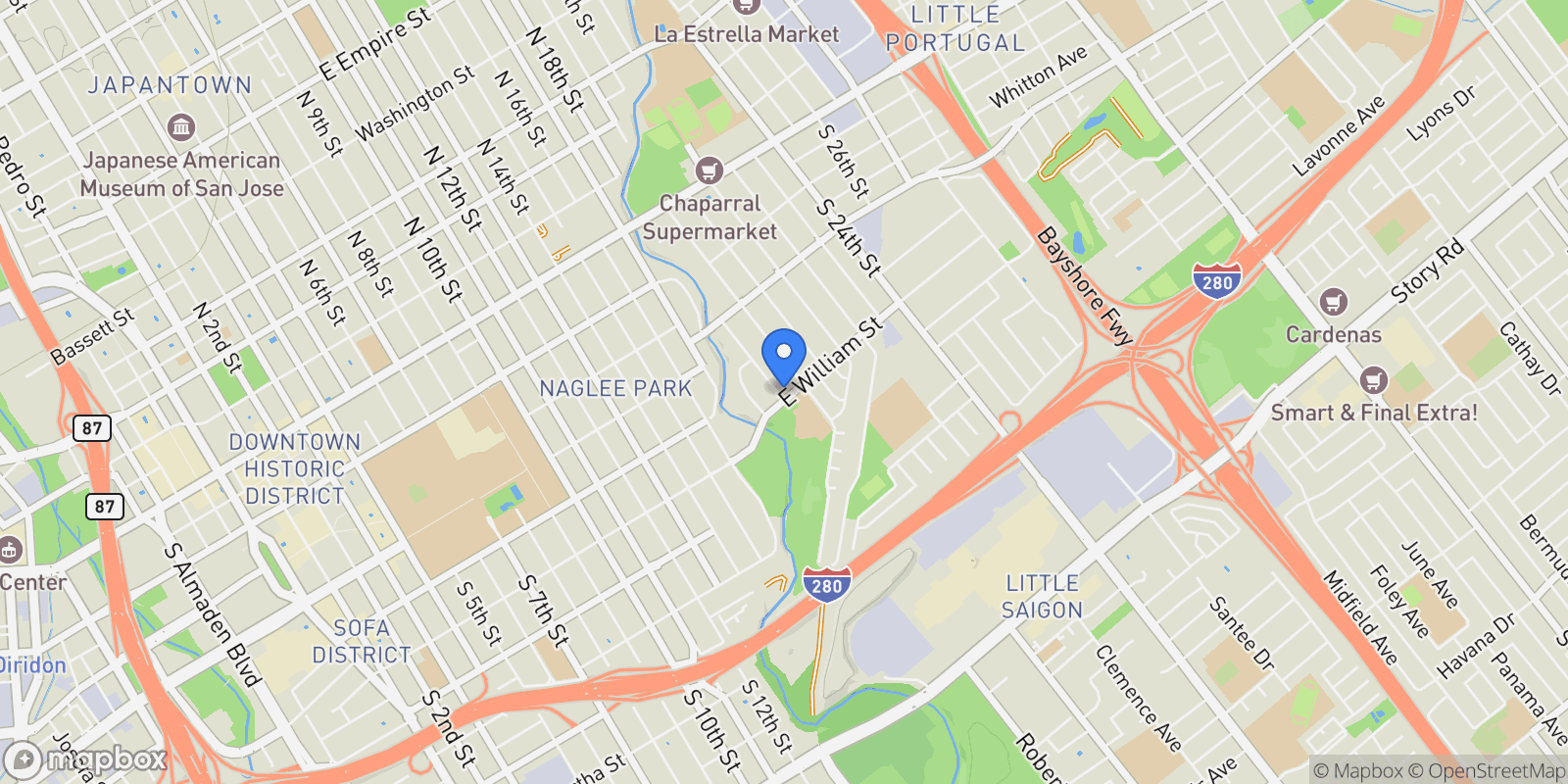 Map showing 396 S 18th Street, San Jose, California, United States.